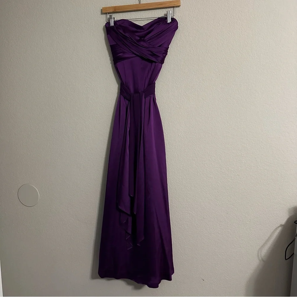 David Meister Purple Satin Regencycore Strapless Cocktail Midi Dresss Size 4 - Picture 4 of 15